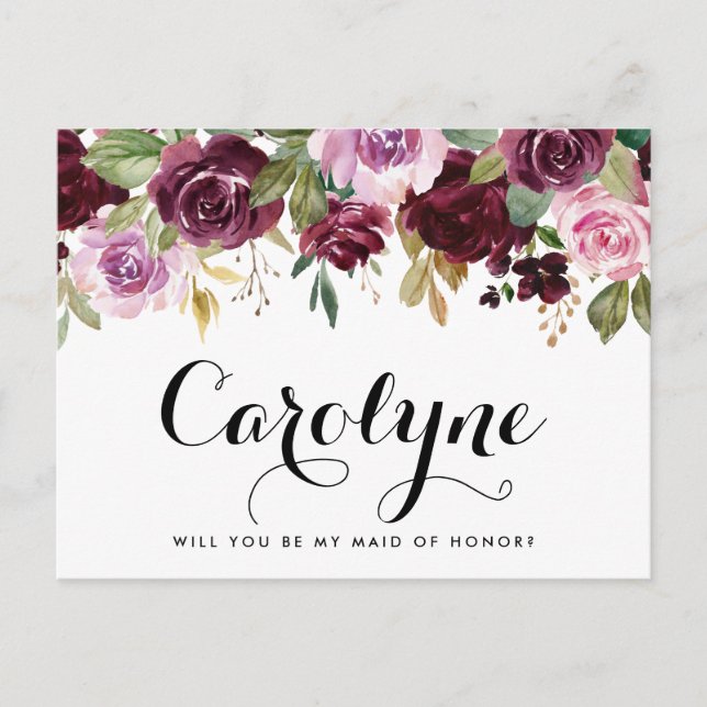 Fall Purple Flowers Will You Be My Maid of Honor Postcard (Front)