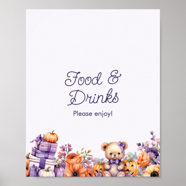 Fall Purple Pumpkin Baby Shower Food & Drinks Sign (Front)