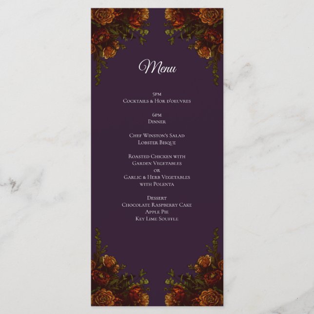 Fall Purple Rustic Orange Wedding Elegant Gothic Menu (Front)