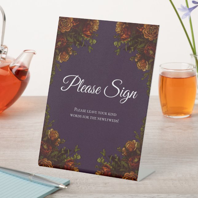 Fall Purple Rustic Orange Wedding Elegant Gothic Pedestal Sign (In SItu)