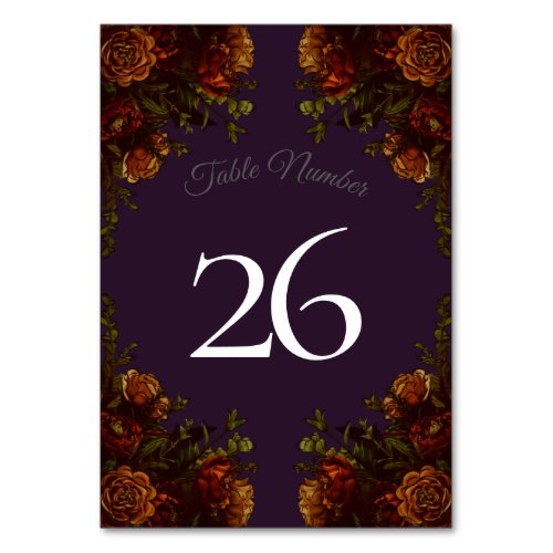 Fall Purple Rustic Orange Wedding Elegant Gothic Table Number