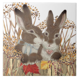Fall Rabbit Bunny Autumn Leaves Cute Seasonal Art Ceramic Tile