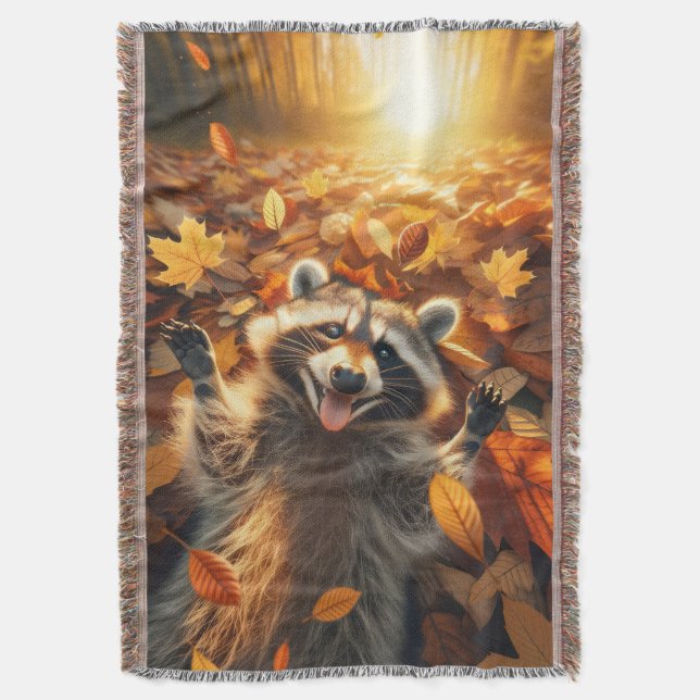 Fall Raccoon Throw Blanket (Front Vertical)