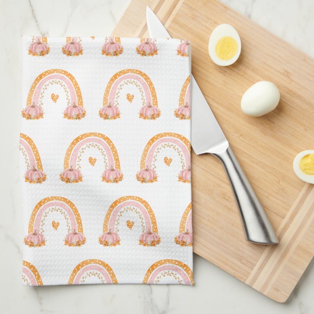 Fall Rainbows Pink Pumpkins kitchen towel (Quarter Fold)