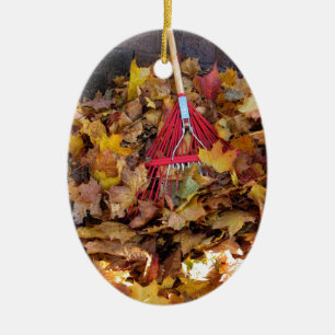 Fall - Raking the Leaf Harvest , Photograph Ceramic Ornament