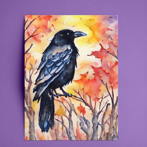 Fall Raven Watercolor Autumn Leaves Black Bird Postcard