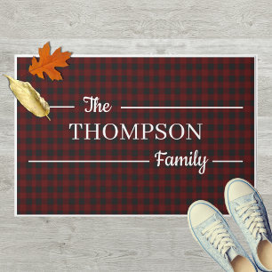 Fall Red and Black Plaid Family Name Welcome Doormat