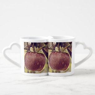 Fall red apple fruit and leaves watercolor coffee mug set