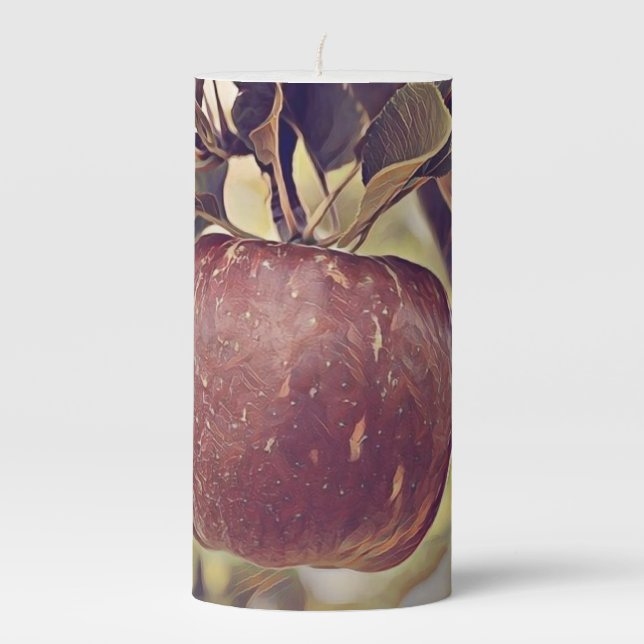 Fall red apple fruit and leaves watercolor  pillar candle (Front)