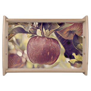 Fall red apple fruit and leaves watercolor serving tray
