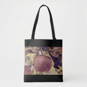 Fall red apple fruit and leaves watercolor tote bag