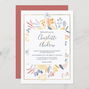 Fall red blue chic floral watercolor wedding invitation
