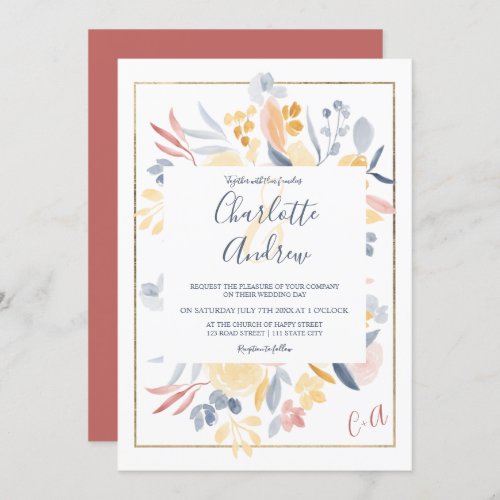 Fall red blue chic floral watercolor wedding invitation