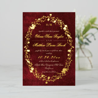 Fall Red Burgundy Gold Floral Modern Dark Wedding  Foil Invitation