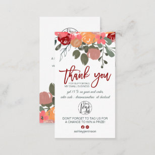 Fall red floral watercolor logo order thank you business card