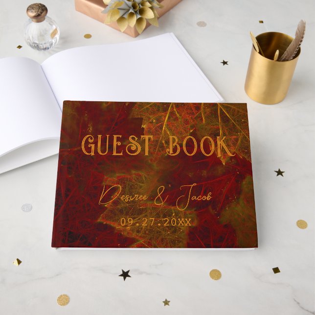 Fall Red Gold Rustic Elegant Maple Leaves Guest Book (Front Open)
