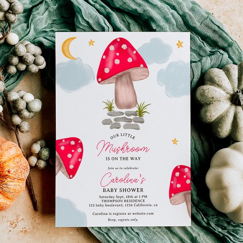 Fall red little mushroom moon baby shower invitation