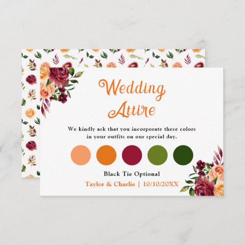 Fall Red Orange Floral Wedding Attire Dress Code Enclosure Card