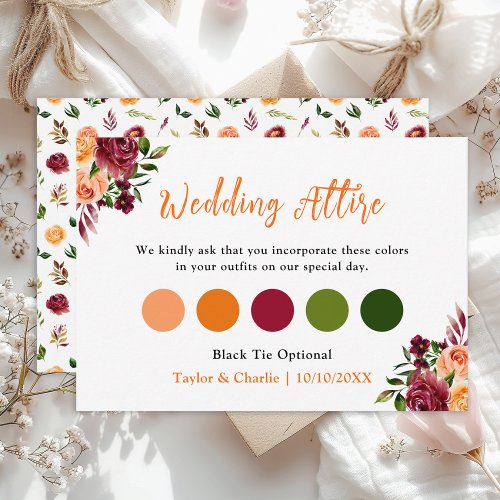 Fall Red Orange Floral Wedding Attire Dress Code Enclosure Card