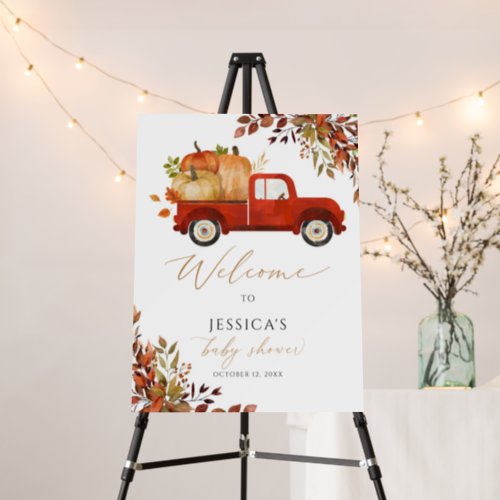 Fall red pumpkin truck baby shower welcome sign