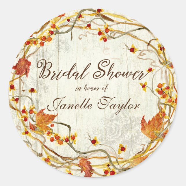 Fall Red Rust Foliage Wreath Rustic Bridal Shower Classic Round Sticker (Front)