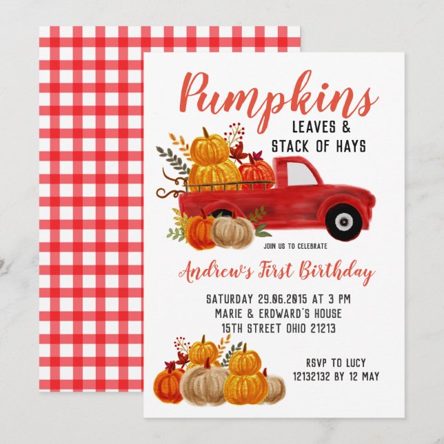 Fall Red Truck Pumpkin Birthday invitation (Front/Back)