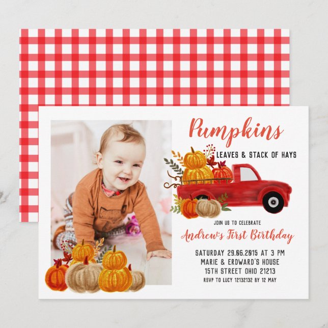 Fall Red Truck Pumpkin Birthday with photo Invitation (Front/Back)