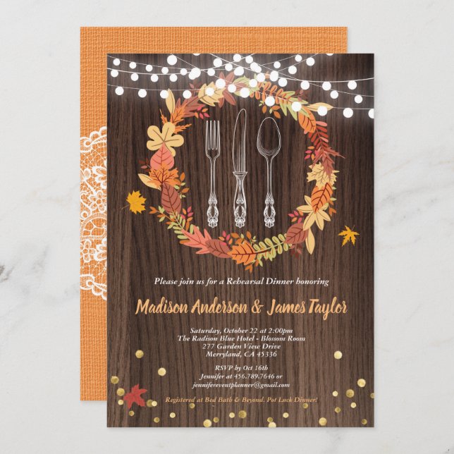 Fall rehearsal dinner rustic wreath thanksgiving invitation (Front/Back)