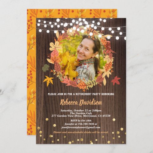 Fall retirement party thanksgiving rustic photo invitation