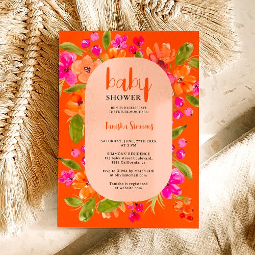 Fall retro orange pink floral script baby shower invitation