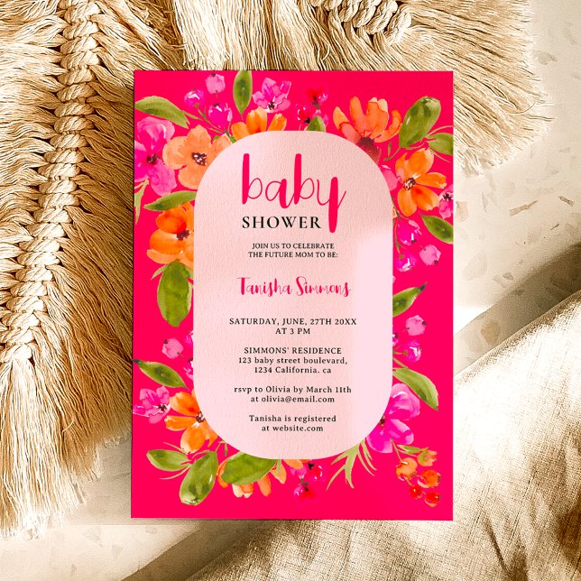 Fall retro pink orange floral script baby shower invitation (Fall boho pink orange floral script baby shower invitation on neon pink)