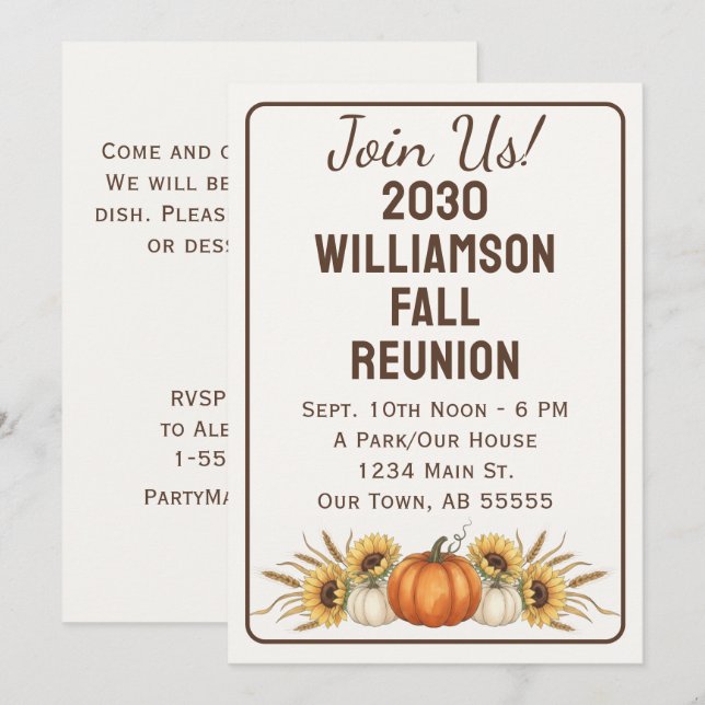 Fall Reunion Pumpkin Sunflower Invitation Card (Front/Back)