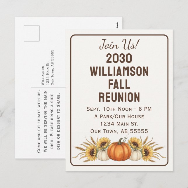 Fall Reunion Pumpkin Sunflower Invitation Postcard (Front/Back)