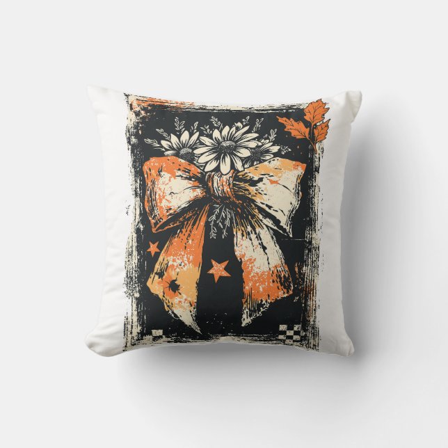 Fall Ribbon Bow Distressed Throw Pillow (Front)