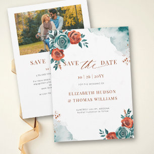 Fall Romantic Bold Teal Orange Watercolor Wedding Save The Date