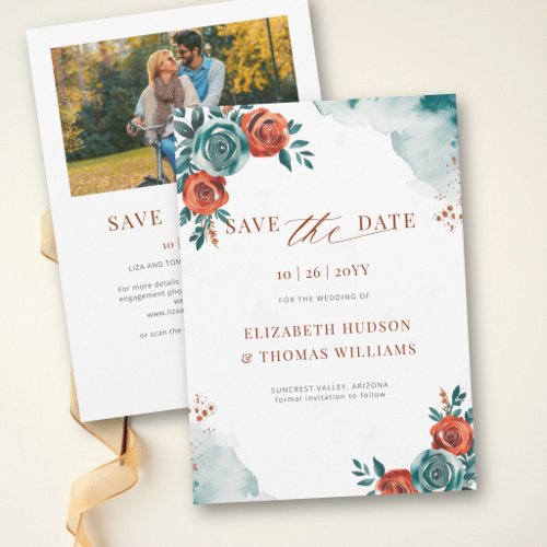 Fall Romantic Bold Teal Orange Watercolor Wedding Save The Date