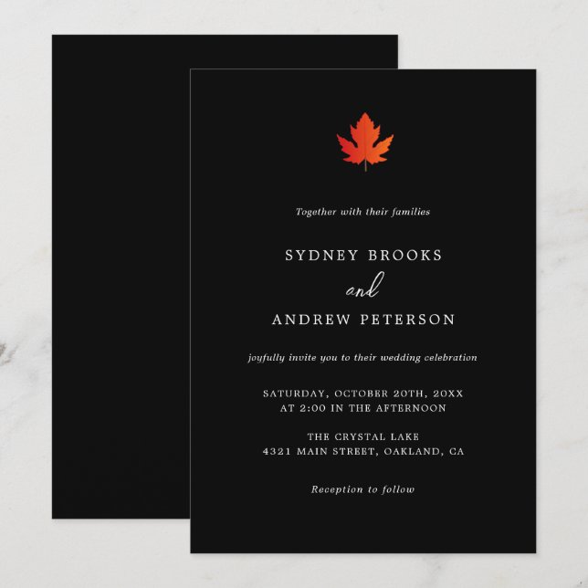 Fall Romantic Elegant Black Wedding Invitation (Front/Back)