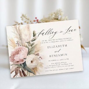 Fall Romantic Peony Rose Pampas Engagement Party Invitation