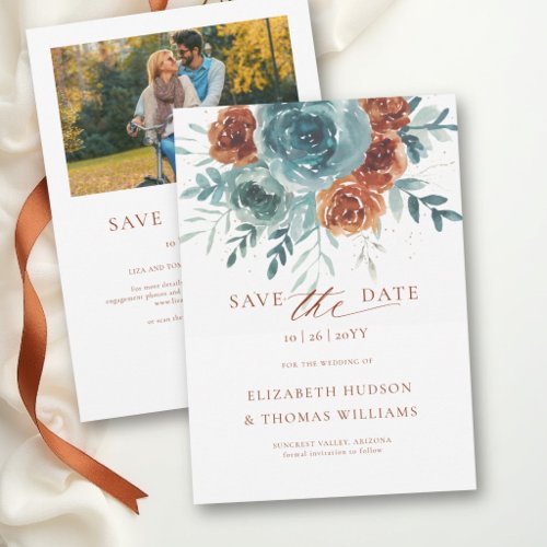 Fall Romantic Soft Teal Orange Watercolor Wedding Save The Date
