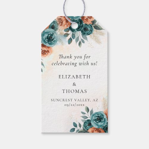 Fall Romantic Teal Burnt Orange Elegant Wedding Gift Tags