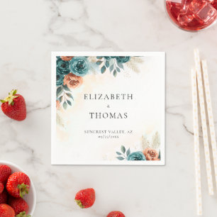 Fall Romantic Teal Burnt Orange Elegant Wedding Napkins