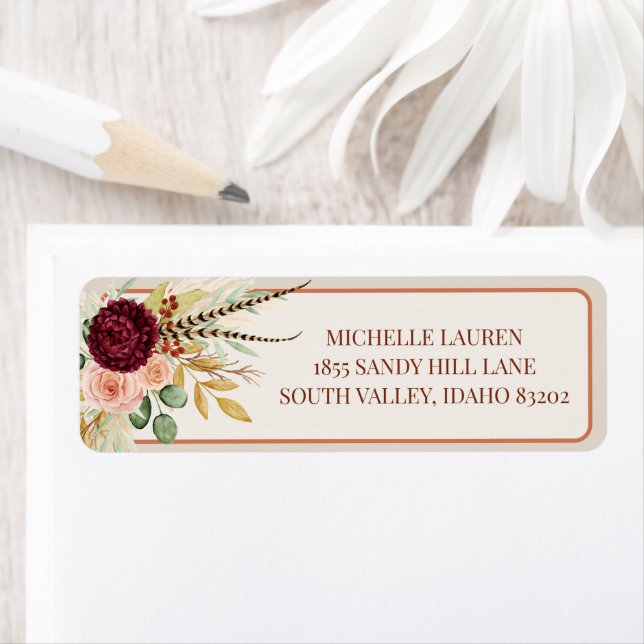 Fall Rose Floral Pampas Grass Western Chic  Label (Insitu)