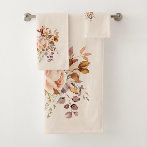 Fall Roses Flowers Orange Rust Yellow Purple Bath Towel Set