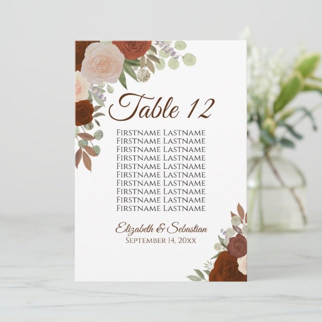 Fall Roses Wedding Seating Chart Table Card Large (Standing Front)