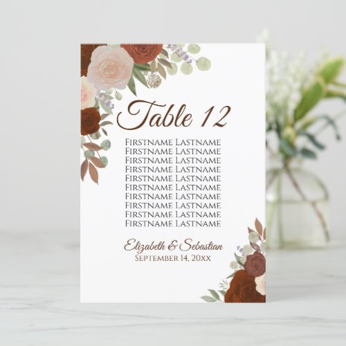 Fall Roses Wedding Seating Chart Table Card Large