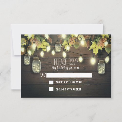 Fall RSVP cards with twinkle lights mason  jars - Fabulous rustic wedding reply cards with colorful fall leaves & string lights on the old barn wood background --------------Please contact me if you have a question regarding design or have a custom color request. ----------- If you push CUSTOMIZE IT button you will be able to change the font style, color, size, move it etc. it will give you more options!