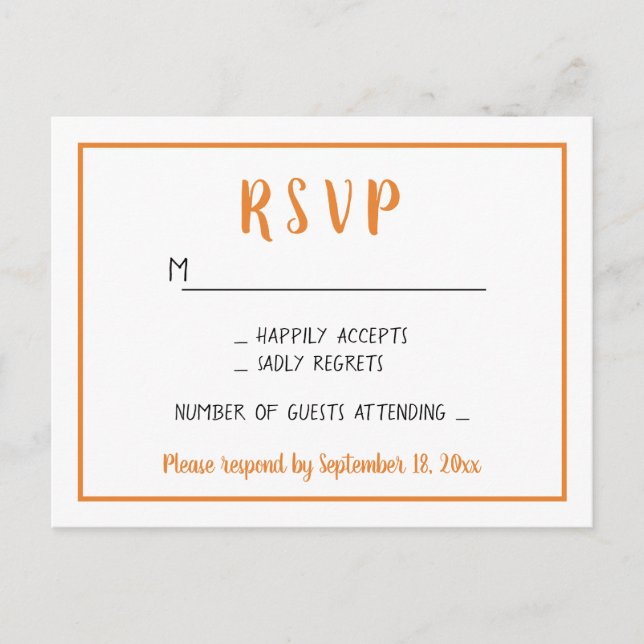 Fall RSVP Orange Autumn Wedding Party Minimalist Invitation Postcard (Front)