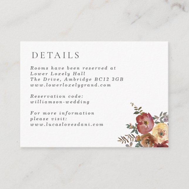 Fall Rust Burgundy Floral Wedding Details Enclosure Card (Front)