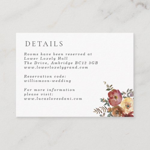 Fall Rust Burgundy Floral Wedding Details Enclosure Card