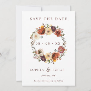 Fall Rust Burgundy Wreath Wedding Save The Date